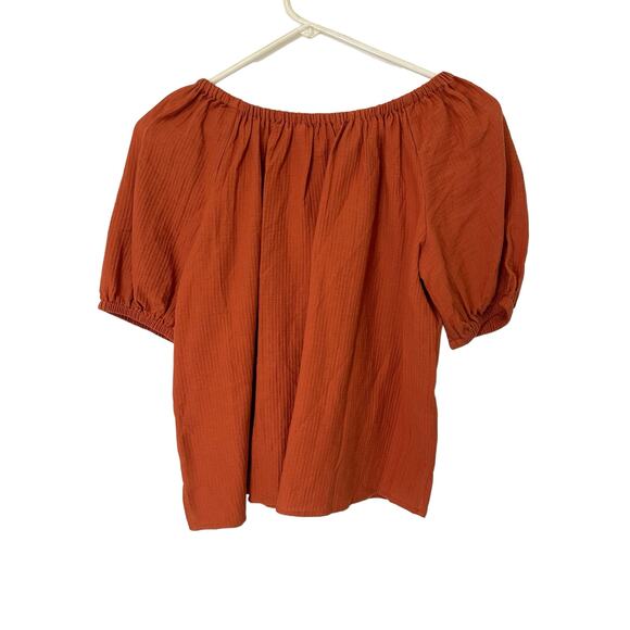 Loft‎ shirt women’s/juniors XSP rust color puff sleeves round stretch neckline - Picture 2 of 8